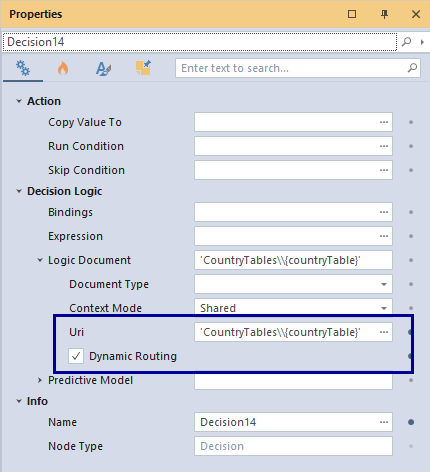 Properties URI window for Dynamic routing V10