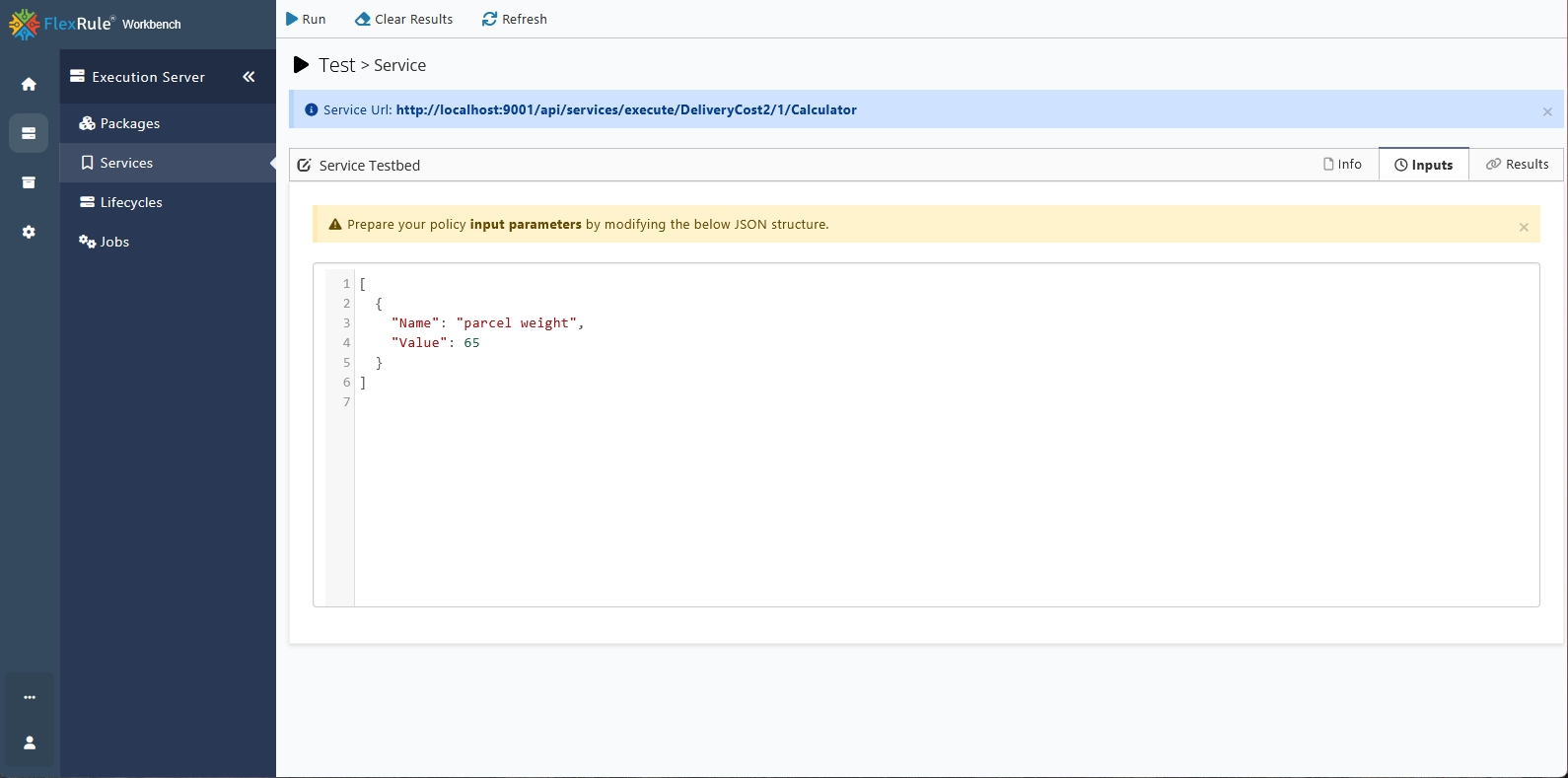 Input Parameters for test run