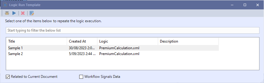 Logic run template modal showing available test run templates