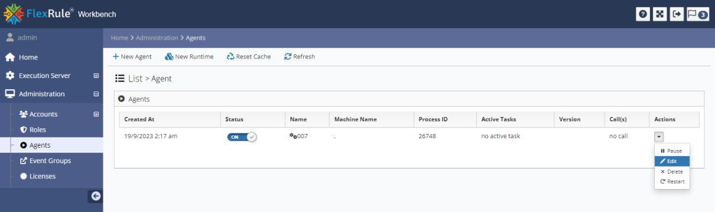 Workbench Agent landing view showing details of the registered Agents in tabulated form. the Actions menu is open and Edit is selected
