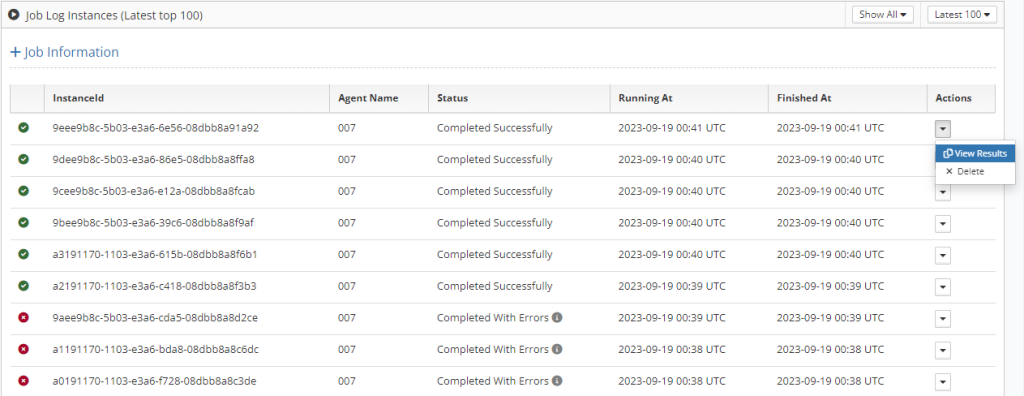 Workbench job scheduling logs view showing a tabulated list of all processed Job instances. The Actions menu is open with View Results selected