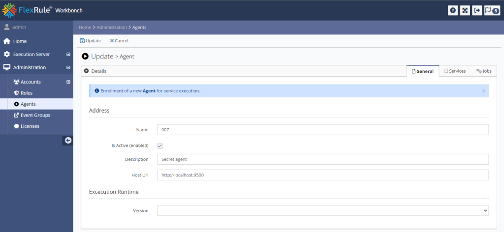 Workbench Agent edit view with the General tab selected and showing details of a registered Agent