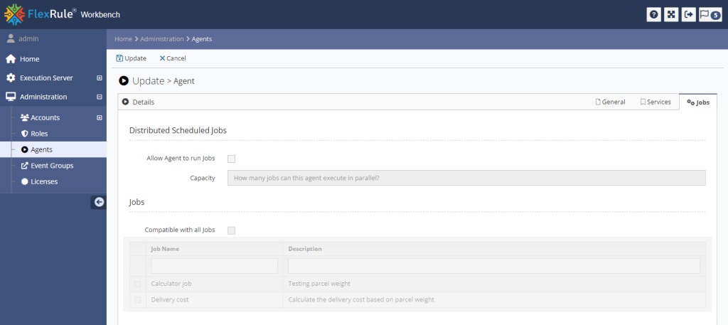 Workbench Agent edit view with the Jobs tab selected showing the Agent is not configured for any jobs