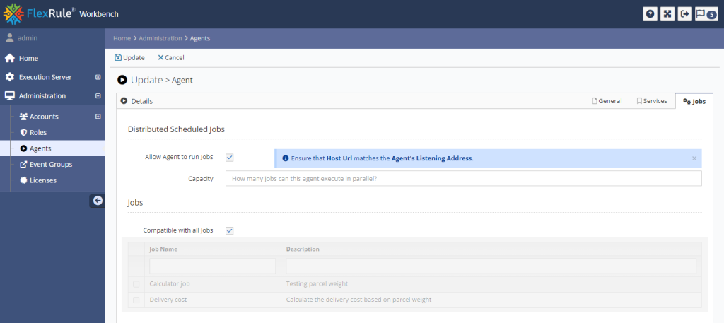 Workbench Agent edit view with the Jobs tab selected showing the Agent is configured to run jobs