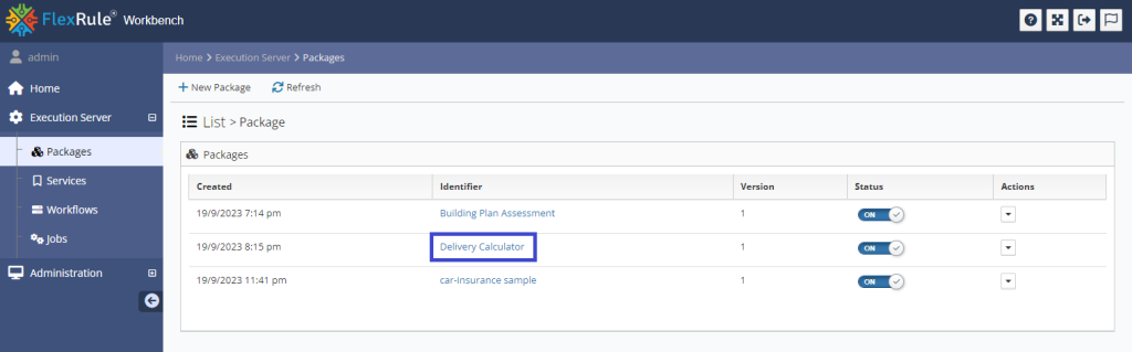 Workbench Packages list view showing all uploaded packages and the identifier link highlight