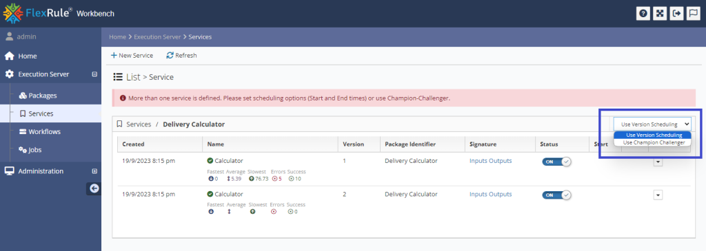 Workbench Package services list view displaying all services available for the package. The dropdown option Use scheduling is highlighted.