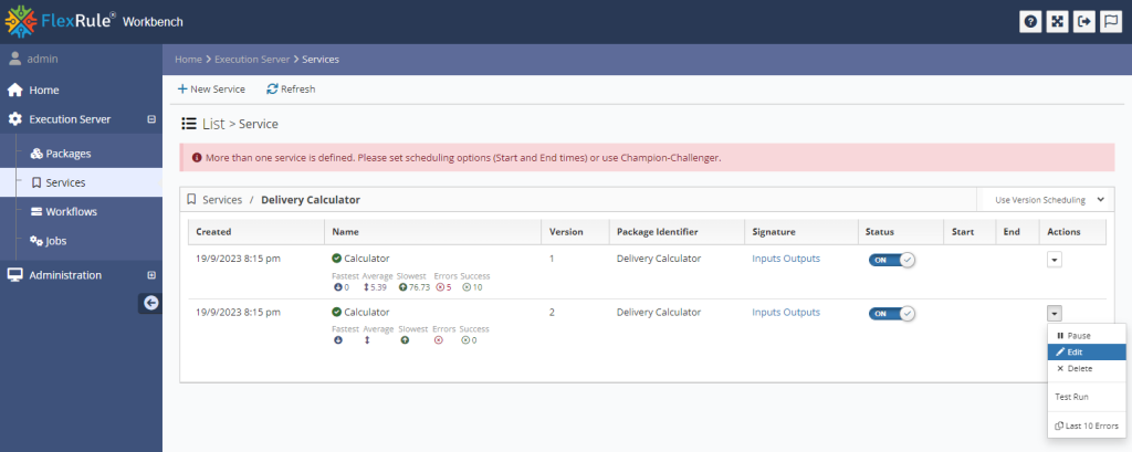 Workbench Package services list view with the Actions menu open for a service and Edit selected