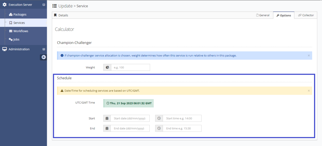 Workbench services edit view showing the Options tab open. The scheduling section is highlighted