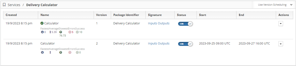 Detail view of the Package Services summary table. The Start and End columns now display the applied schedule dates and times.