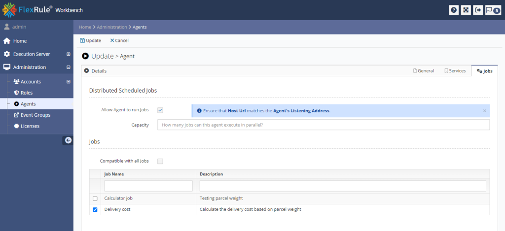 Workbench Agent edit view with the Jobs tab selected showing the Agent is configured to run jobs and a specific job selected