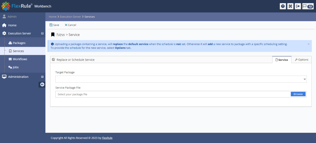 Upload a Service to an Existing Package via Add new service view under the Services menu item