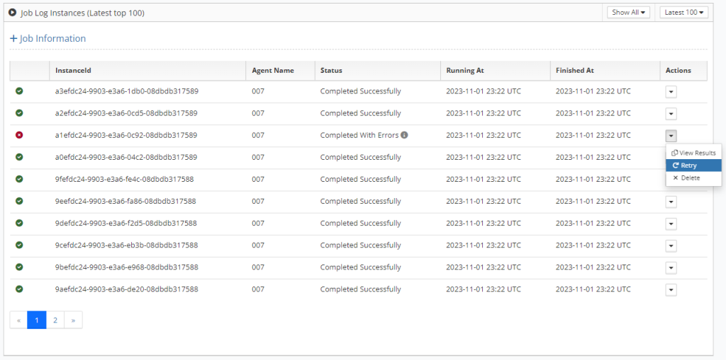 Job Log showing the Job instances. The Actions menu is open and retry is selected for a job instance that has Completed with Errors