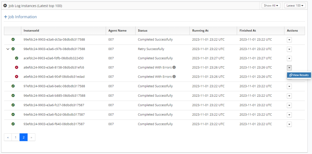 Job instance log view showing the retry children expanded and the Show details Action menu item selected