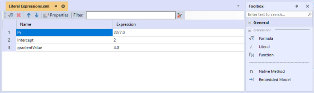 Business Formulas editor view with Literal expressions entered