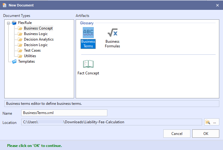 New document modal showing a range of logic documents and the Business Terms document selected