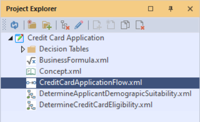 Project explorer view showing the project logic documents and the Credit Card Application Flow.xml document selected