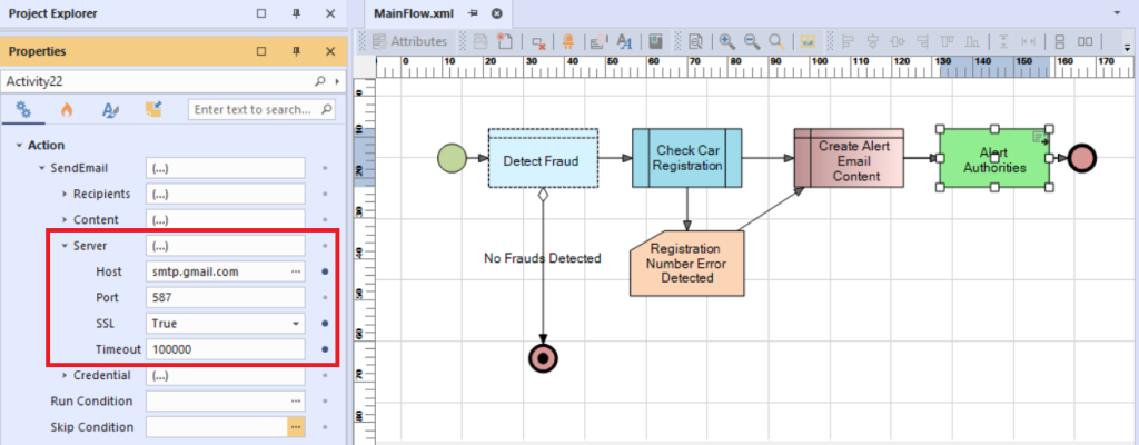 Mainflow.xml diagram with the Alert Authorities node selected and the Properties view showing the email Server details highlighted