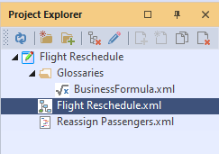 Project explorer view showing the logic documents in the project and Flight reschedule.xml selected