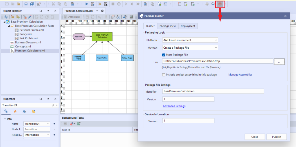 Project Explorer view showing the  Premium Calculator.xml selected. The Premium Calculator flow document is open displaying the flow diagram and the Package file modal is open with details added to export the project