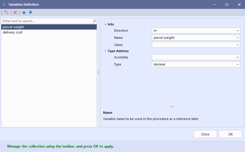 Variable definitions modal showing the Parcel weight parameter selected with the settings, Direction as In, Name as parcel weight and the type a decimal.