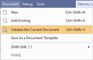 Document menu open with 'Validate the Current Document option selected