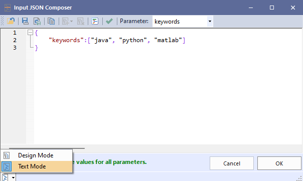 Input JSON composer modal showing the Text mode option selected from the mode menu and the Keyword JSON entered