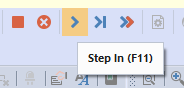 Detail view of the debug navigation options in the Designer toolbar. The Step In option is selected.