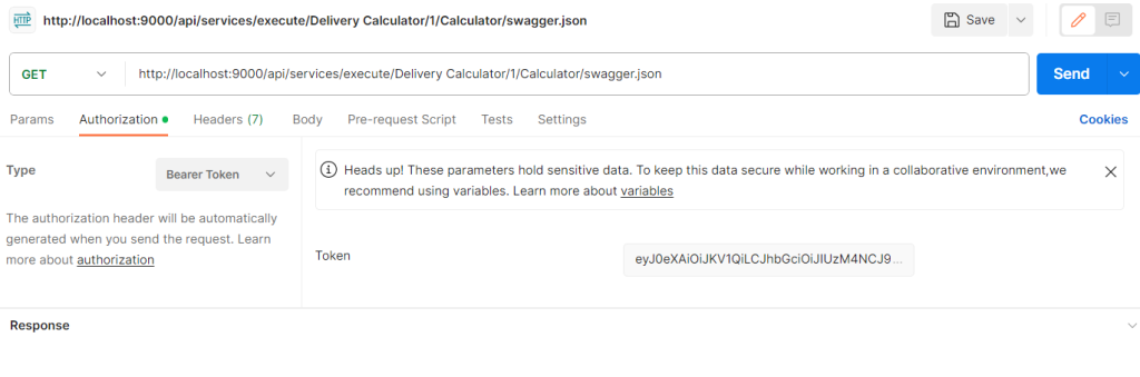 Postman view showing the Authorization token for the Swagger request on the Service