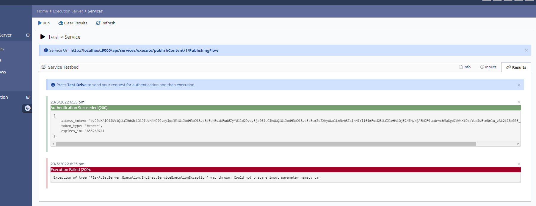 Test run results tab showing error in response