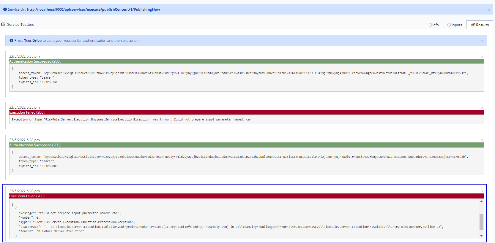 Test run results tab showing error in response including the full trace detail