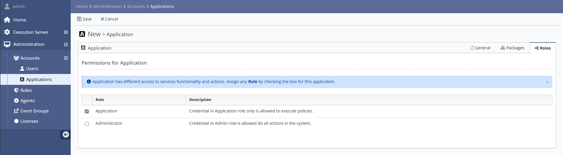 Roles in Application account