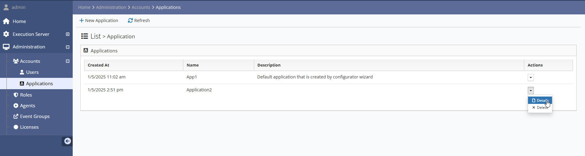 New Application Account details