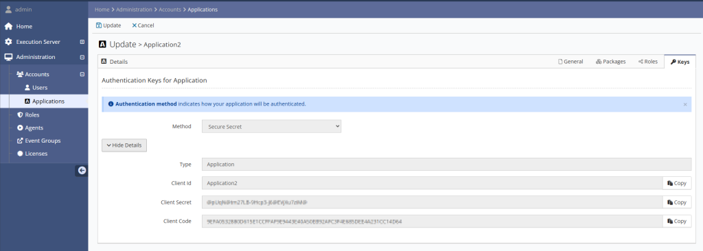 Keys for new application account