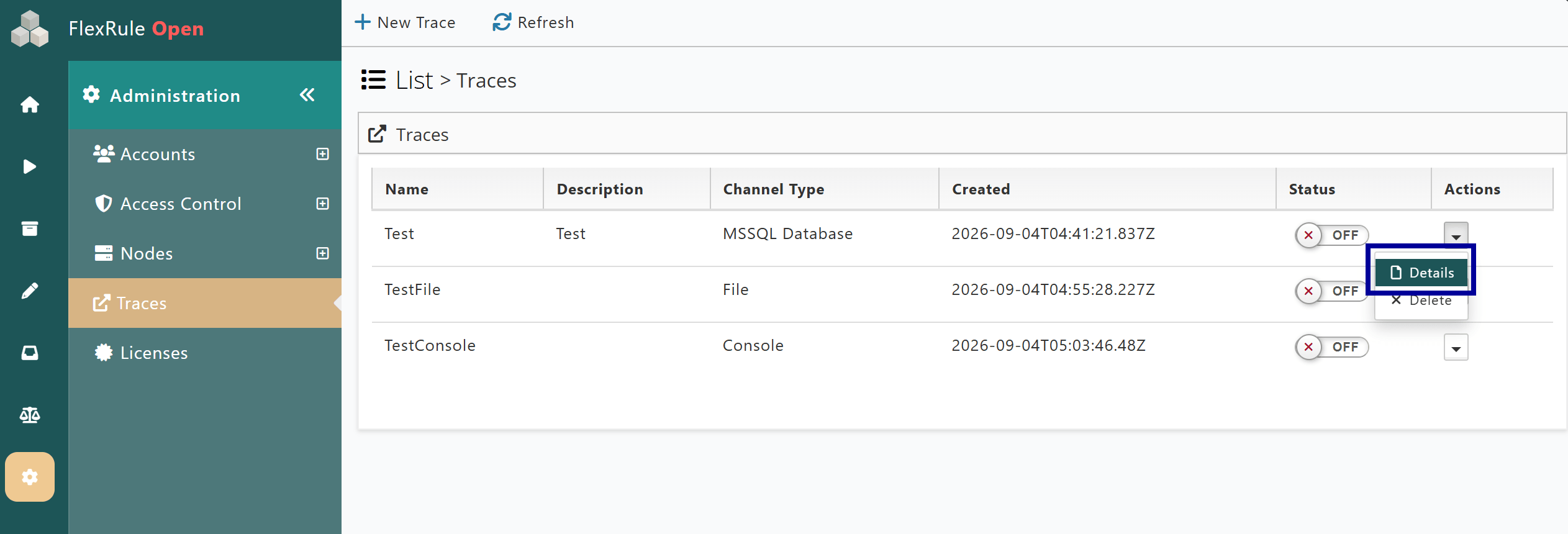 Existing Trace Details